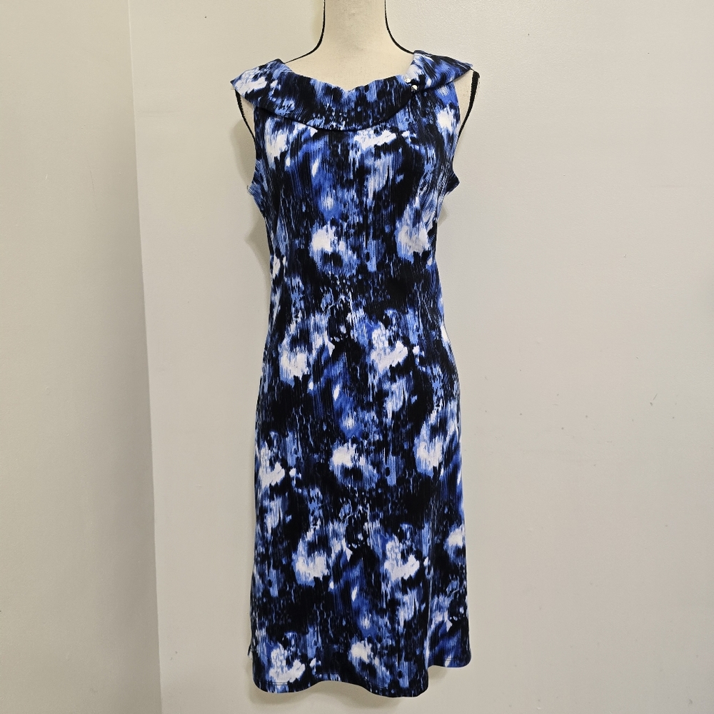 RAFAELLA size Medium Sleeveless Wide Collar Abstract Shift‎ Dress Blue